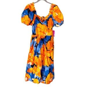 Tabitha Brown Dress Women's 14 Orange Blue Floral Back Cut Out Midi NWT